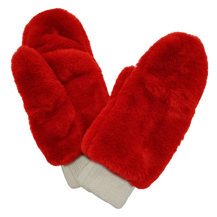 Game Day Faux Fur Mitten Gloves - Red Ivory