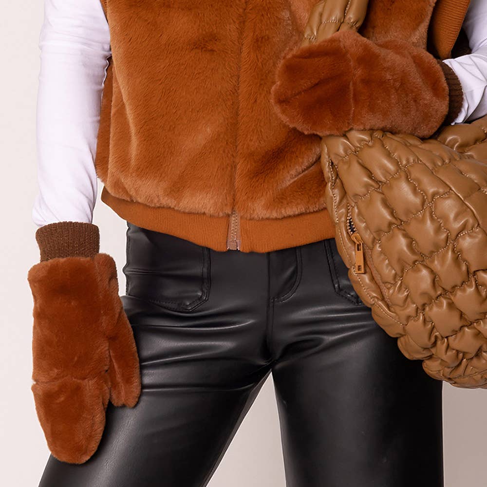 Game Day Faux Fur Mitten Gloves - Red Ivory