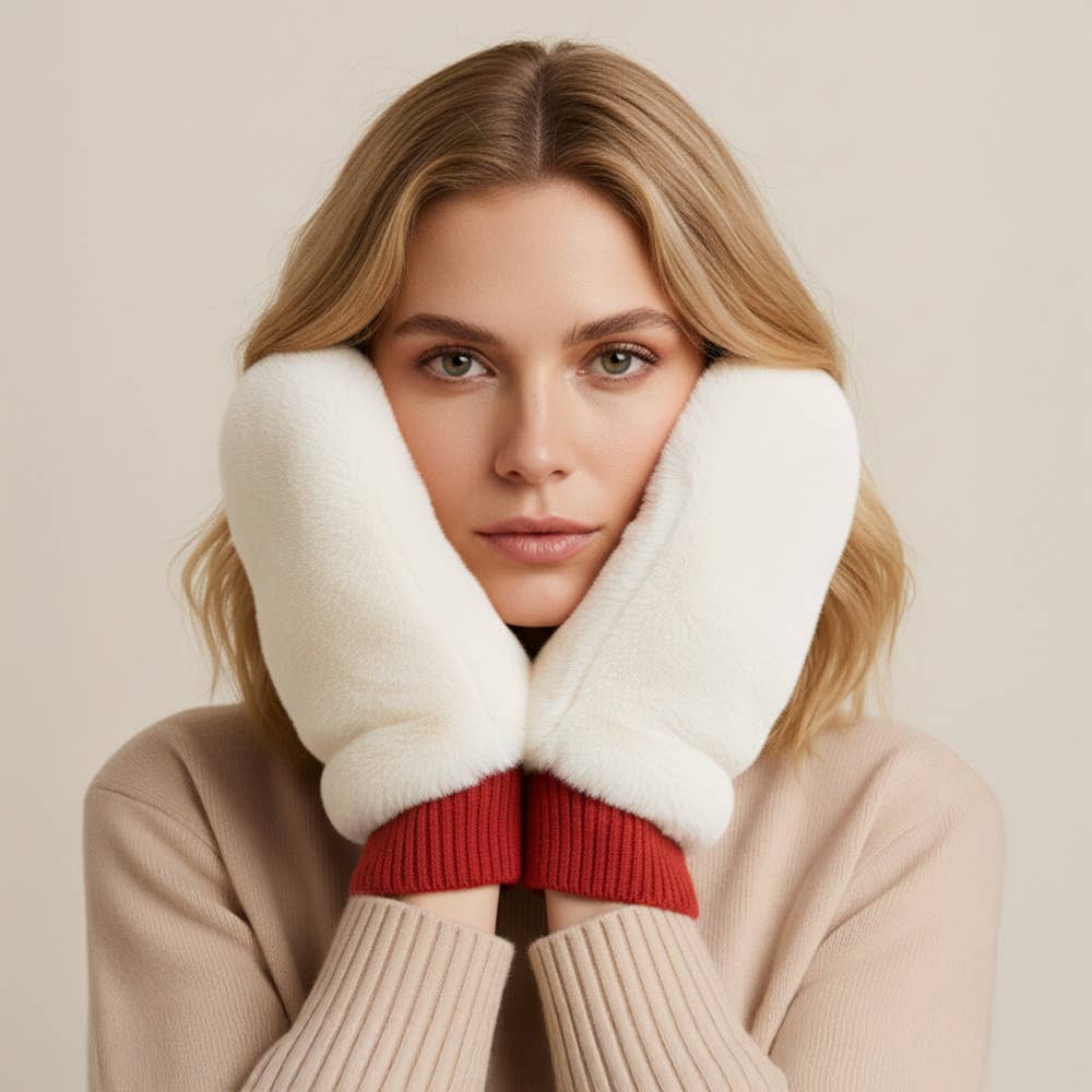 Game Day Faux Fur Mitten Gloves - Red Ivory