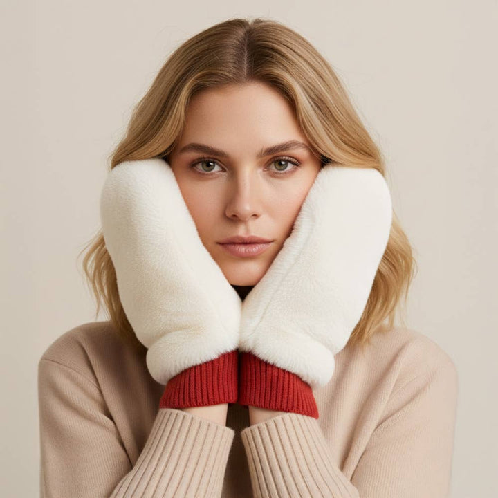 Game Day Faux Fur Mitten Gloves - Red Ivory