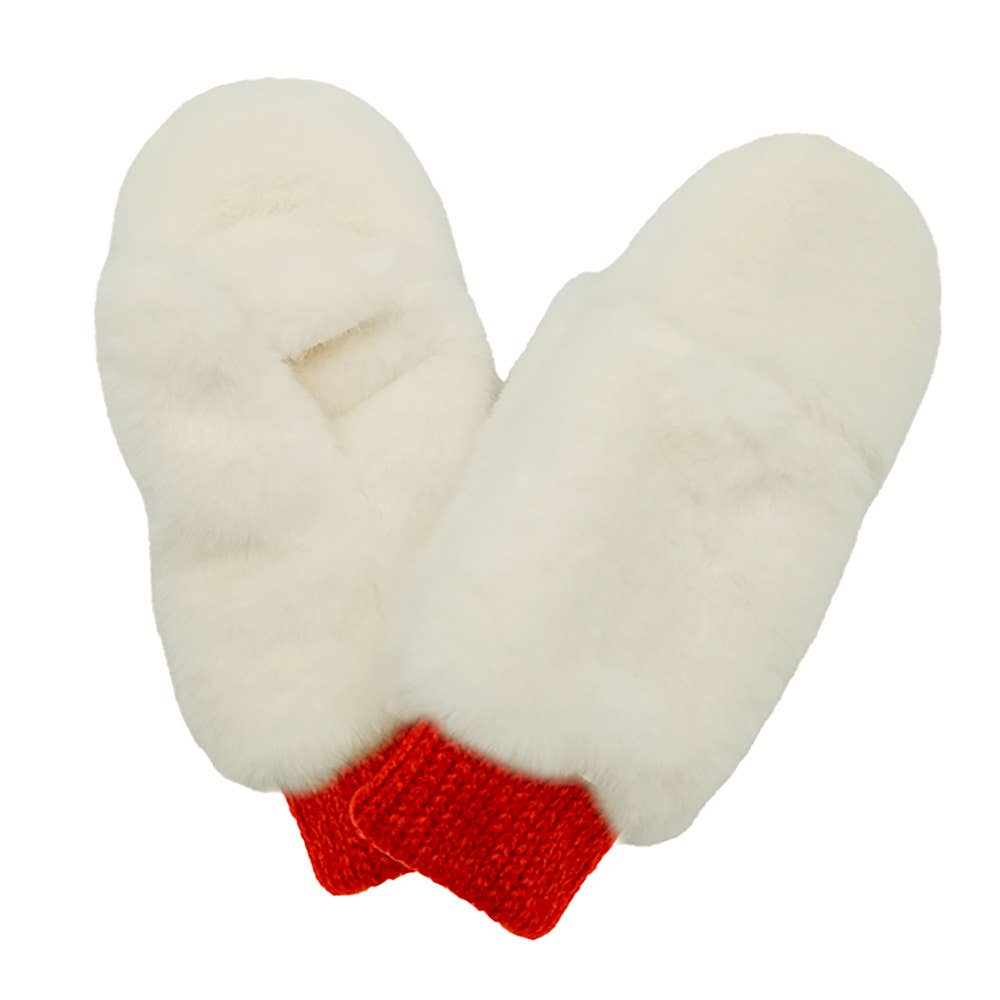 Game Day Faux Fur Mitten Gloves - Red Ivory