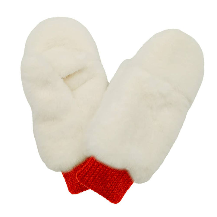 Game Day Faux Fur Mitten Gloves - Red Ivory