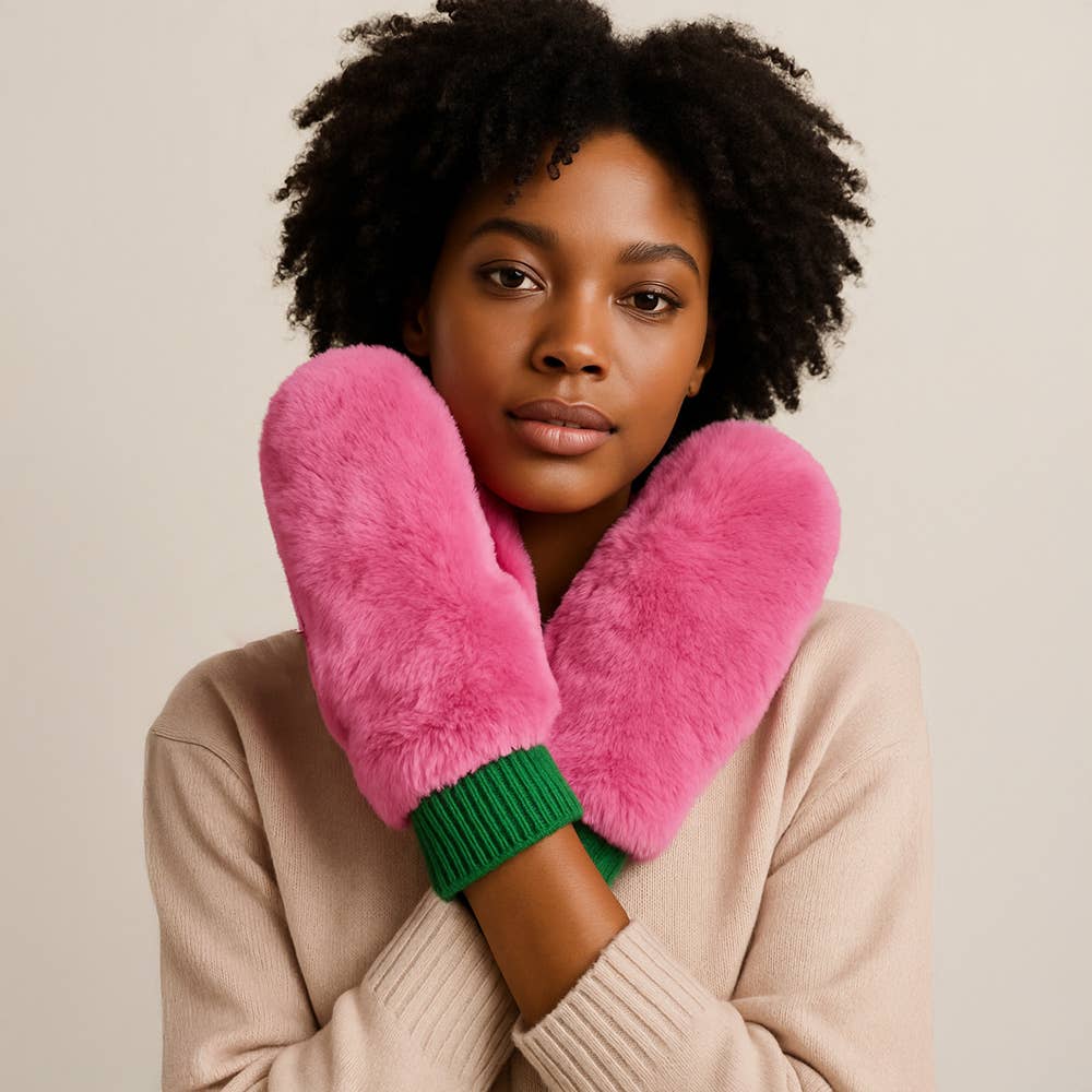 Game Day Faux Fur Mitten Gloves - Red Ivory
