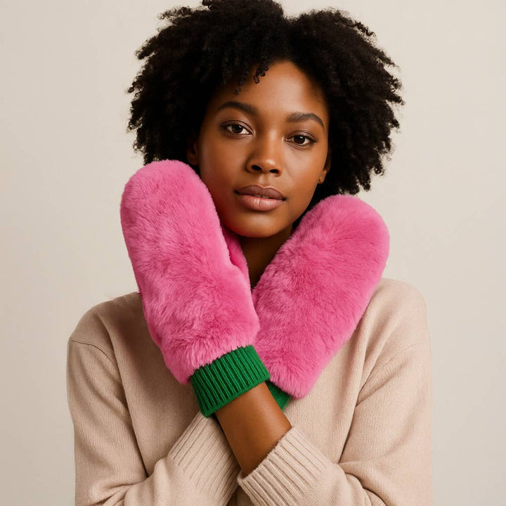 Game Day Faux Fur Mitten Gloves - Red Ivory