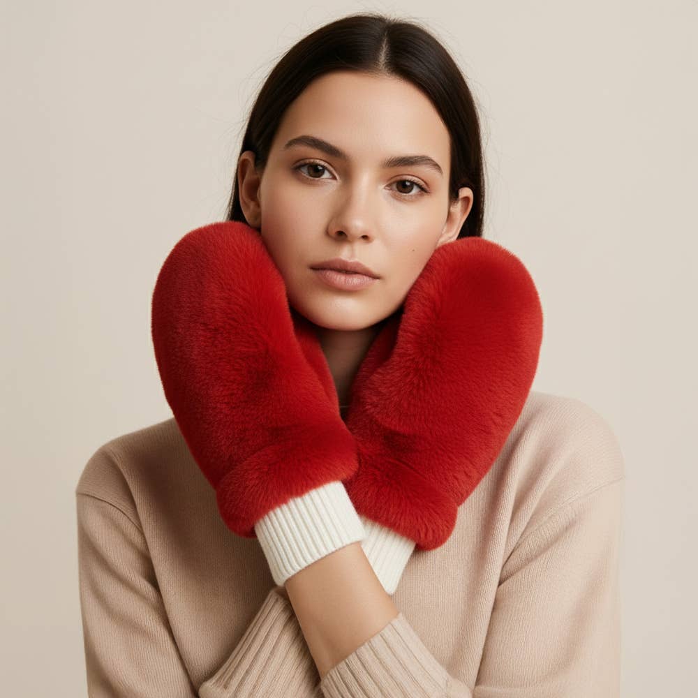 Game Day Faux Fur Mitten Gloves - Red Ivory