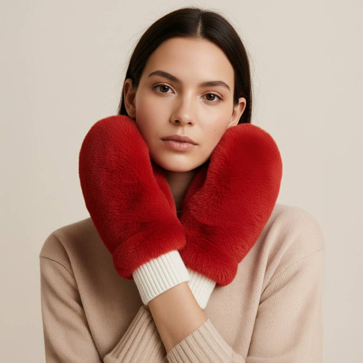 Game Day Faux Fur Mitten Gloves - Red Ivory